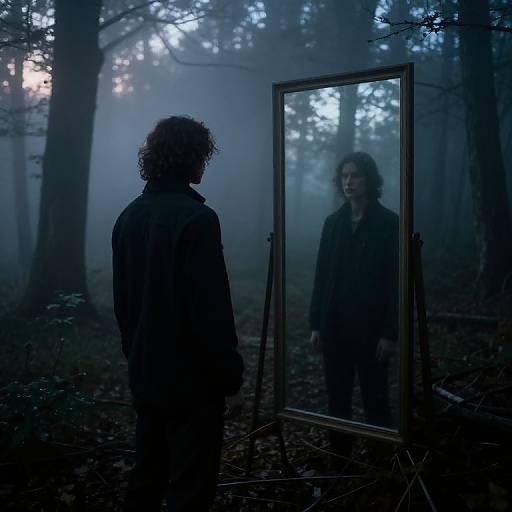 Twilight Mirror Reflection in Foggy Forest