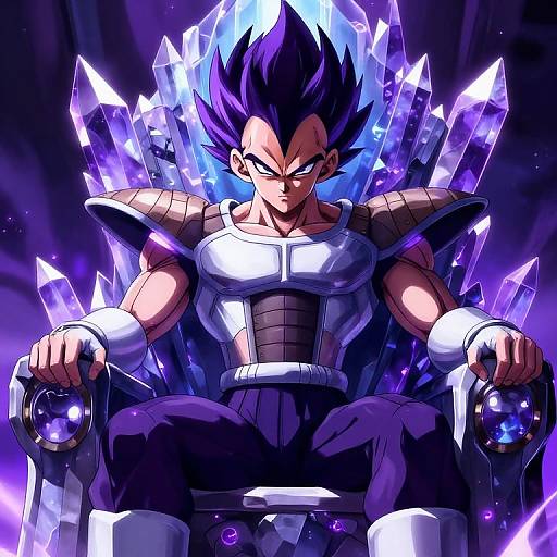 Digital anime artwork of Sonic Blue, a muscular, spiky-haired warrior with glowing purple crystal throne, intense expression, white chest plate, and black armor