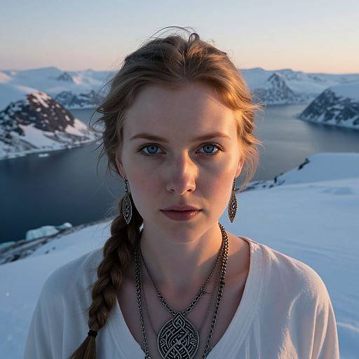 Photograph of a young woman with blue eyes, braided blonde hair, wearing a white dress and intricate earrings, set against a snowy mountain landscape with