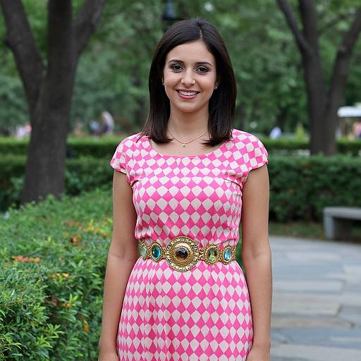 Photograph of a smiling young woman with dark hair, wearing a pink and white diamond-patterned dress, adorned with a colorful belt, standing in a