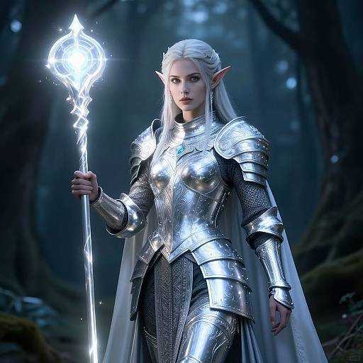 Epic digital artwork of a silver-haired, elven woman in radiant silver armor, holding a glowing, ornate staff in a dark forest.