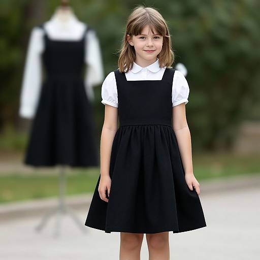 Photograph of a young girl with light brown hair, wearing a black dress over a white shirt, standing outdoors with a blurred dress mannequin in