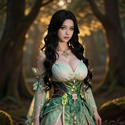 Photorealistic digital art of a fair-skinned woman with long black hair, wearing a green, leaf-inspired fairy dress with floral accents, in a