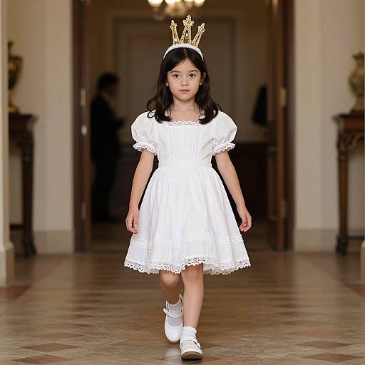 Photograph of a young Asian girl with long black hair, wearing a white dress, white shoes, and a gold crown, walking down a dimly
