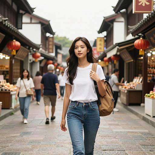 Asian woman with long black hair, white t-shirt, blue jeans, brown bag, walks through vibrant, bustling traditional Chinese street market.