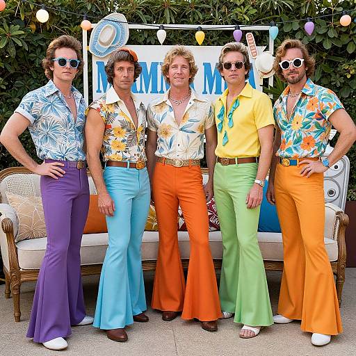 Photograph of five men in colorful 1970s-style shirts and flared pants, standing in front of a festive banner, wearing sunglasses.
