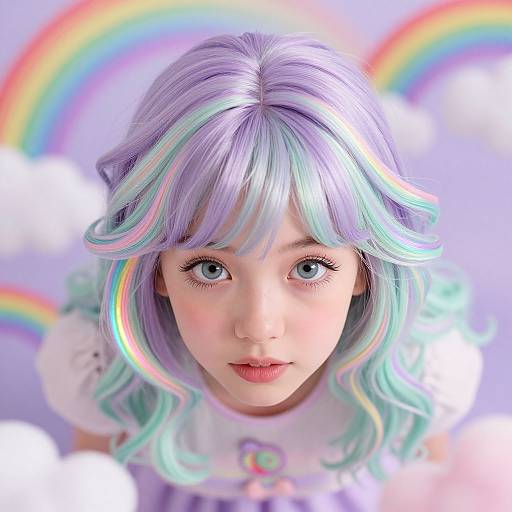 Digital illustration of a cute, wide-eyed anime girl with pastel lavender and cyan hair, wearing a white dress, against a rainbow and cloud background.