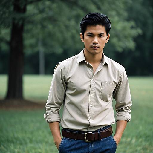 Young Man in Tan Shirt Outdoors