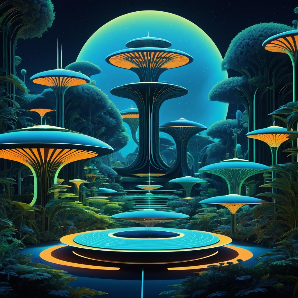 Intricate 70s Afrofuturist Bioluminescent Garden