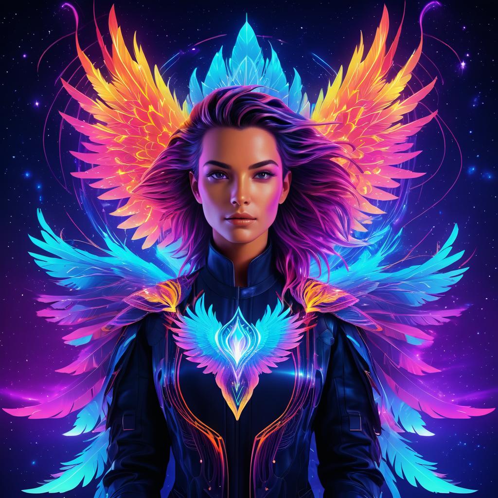 Radiant Cyberpunk Phoenix in Cosmic Sky