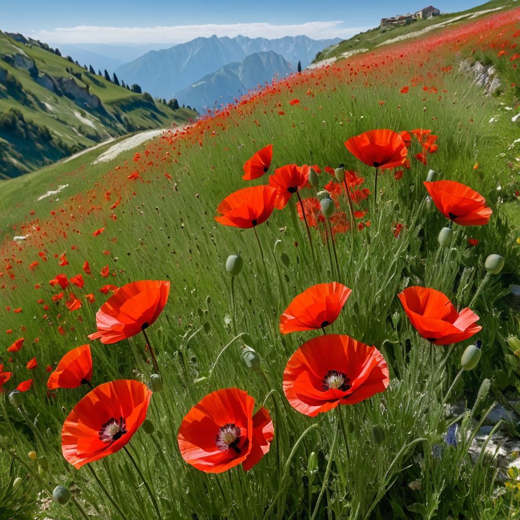 Vibrant Poppies on Mountain Edge