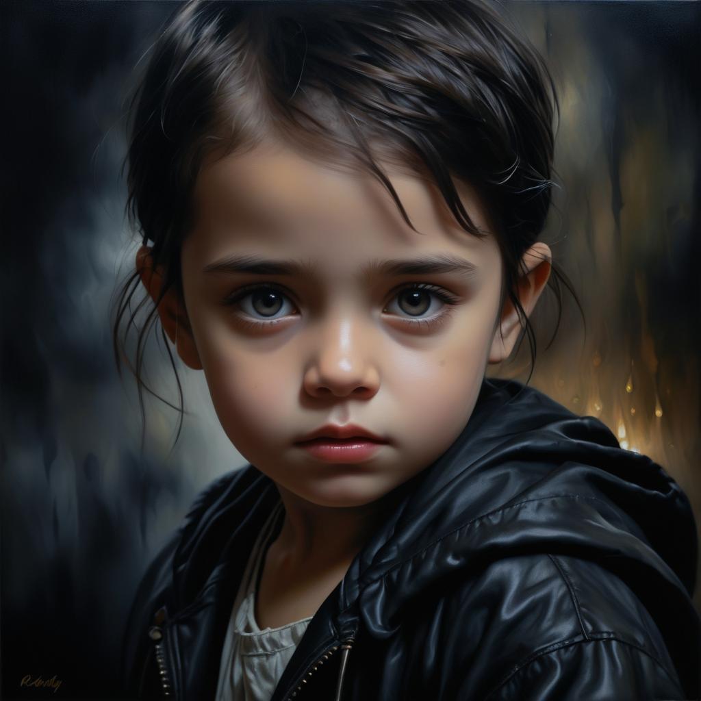 Child's Grief in Dramatic Oil Painting