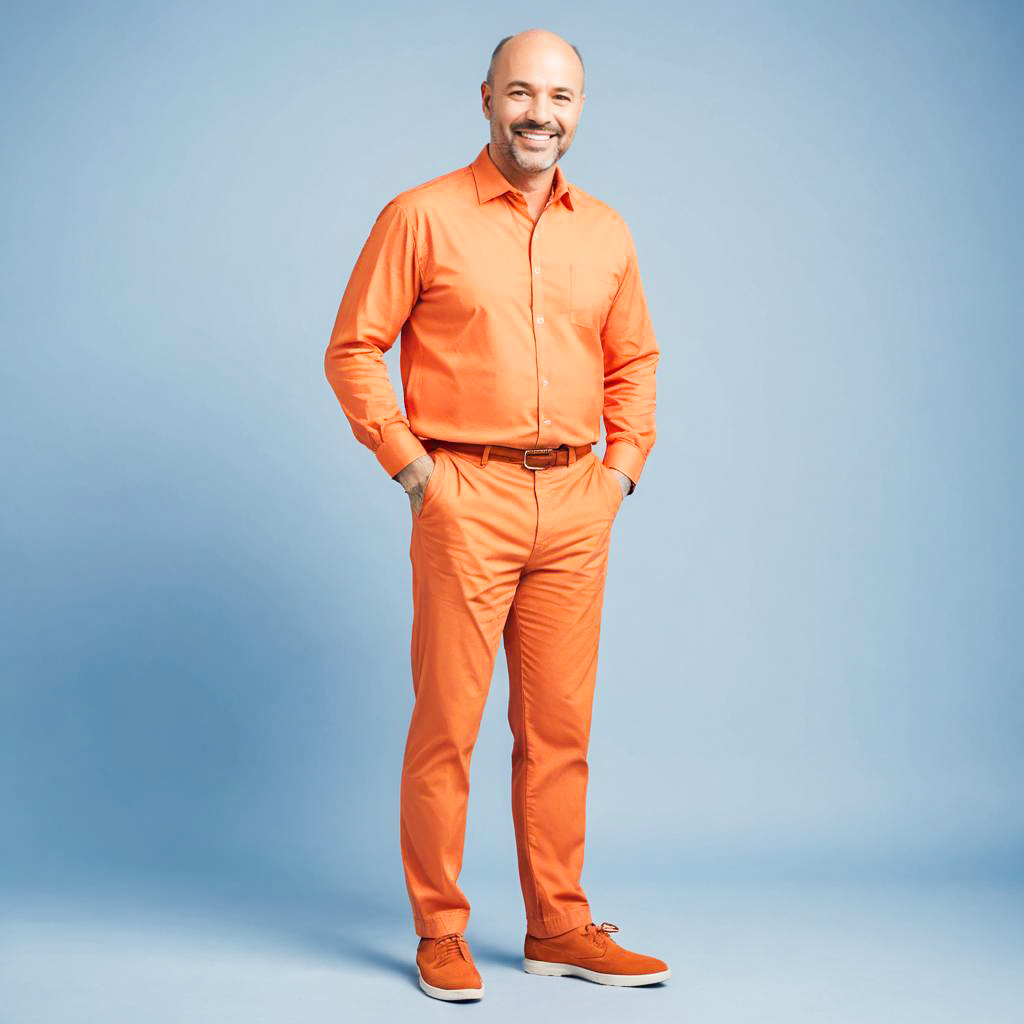 Cheerful Middle-Aged Man in Orange Outfit