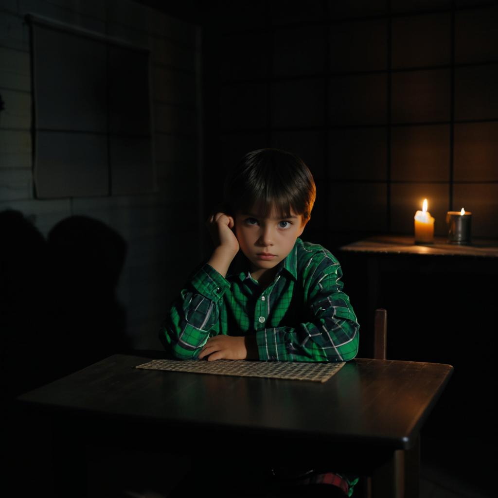 Melancholy Boy in Candlelit Darkness