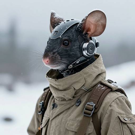 Photorealistic CGI of a black rat wearing a futuristic helmet with headphones, a beige military-style jacket, and a backpack, set against a snowy,