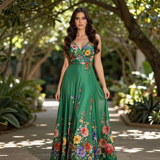Photograph of a woman with long dark hair, wearing a green floral maxi dress, standing in a sunlit, leafy garden path.