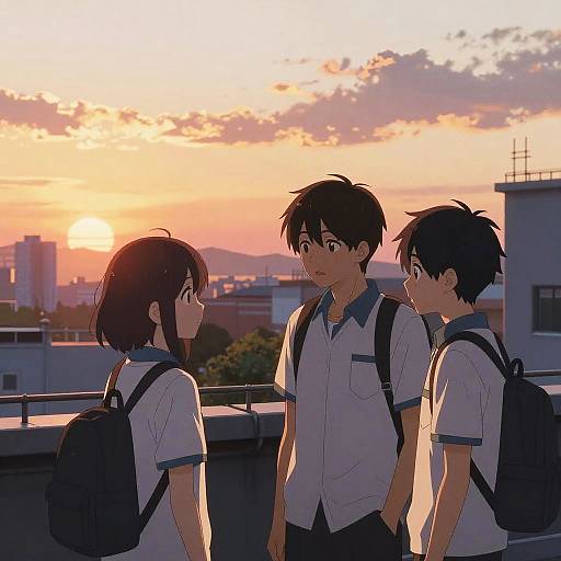 Anime-style digital drawing of three high school students with backpacks, standing on a rooftop at sunset, gazing at the cityscape.