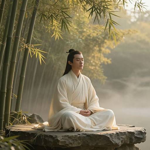 Meditating Sage Beneath Bamboo Mountain