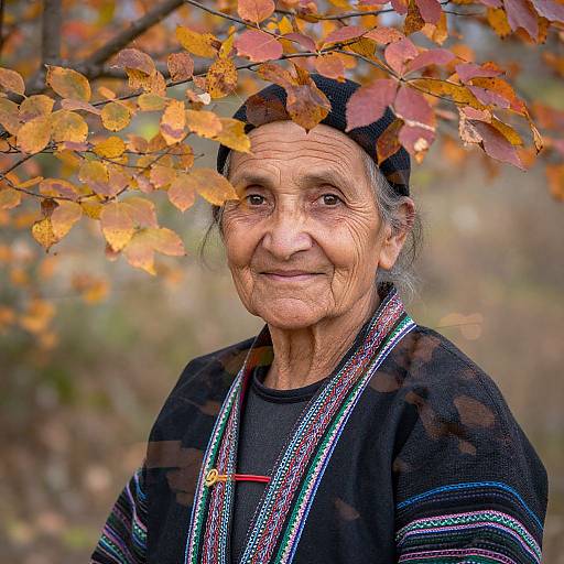Elderly Woman Amidst Autumn Leaves