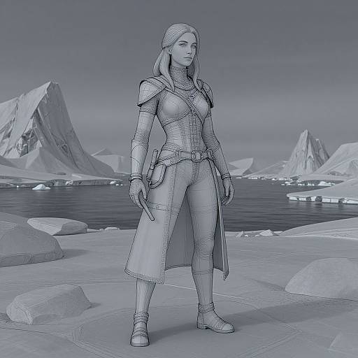 Monochromatic CGI of a tall, armored woman with long hair standing on icy terrain, mountains and floating icebergs in the background.