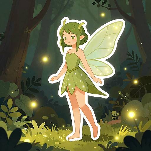 Digital anime-style drawing of a green-haired fairy girl with glowing wings, wearing a leafy dress, standing in a dark, enchanted forest with floating fire