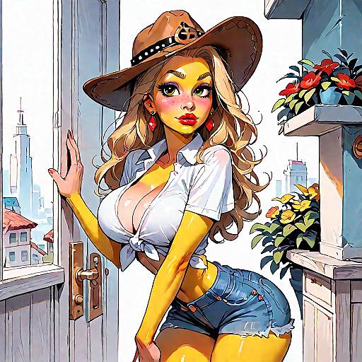 Toony Blonde Cowgirl in City Street