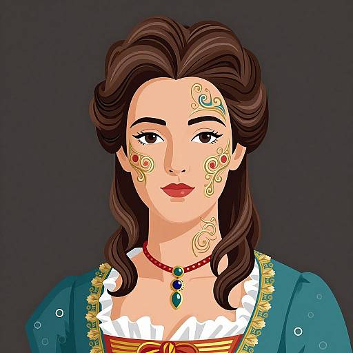 Digital illustration of a woman with fair skin, dark brown wavy hair, red and gold face paint, teal dress with gold trim, white ruffled