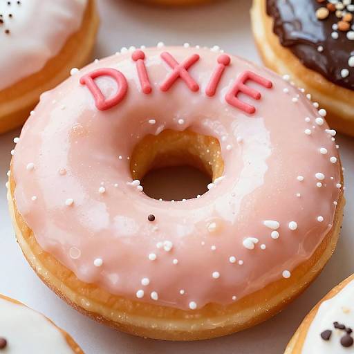 Close-up photograph of a pink-glazed donut with white sprinkles and 