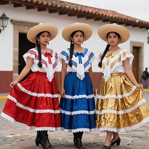 Three Mexican Women in Traditional Folk Dresses