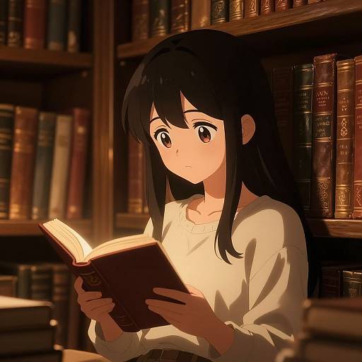 Anime-style digital drawing of a young girl with long black hair, brown eyes, and a white blouse, reading a book in a dimly lit,