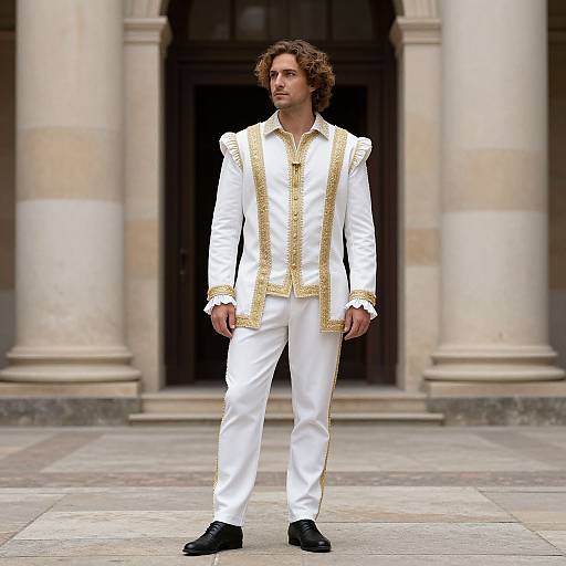 Photograph of a curly-haired man in white and gold embroidered suit, black shoes, standing confidently in front of a grand, columned building.