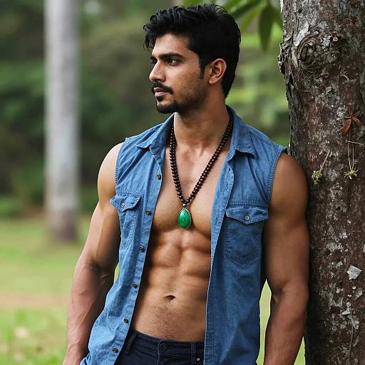 Muscular Man with Blue Shirt Outdoors