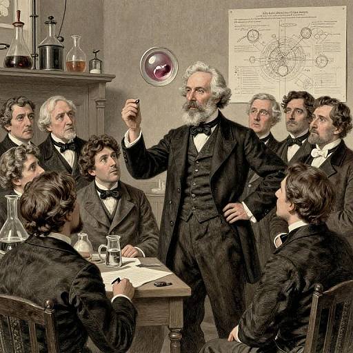 Historical painting of a bearded scientist in a black suit, holding a test tube, lecturing seven men in Victorian-era attire, with scientific equipment