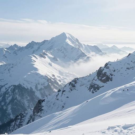 Photograph of a snow-covered mountain range with bright sunlight illuminating the peaks, casting shadows on the slopes, and a clear, blue sky overhead.