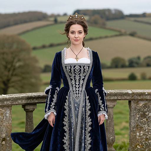 Photograph of a fair-skinned woman with brown hair, wearing a black Renaissance-style dress with white lace, standing on a stone balcony, set against