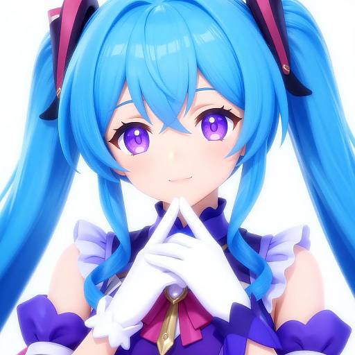 Digital anime-style drawing of a cute girl with vibrant blue twin-tails, large purple eyes, white gloves, and a navy blue outfit with white fr