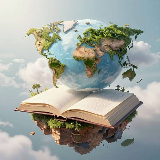 Digital artwork of a floating, open book supporting a green, cliff-covered Earth with clouds and small islands, against a blue sky.