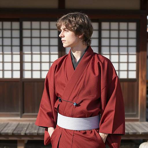 Young Man in Red Kimono Standing by Traditional Japanese Building