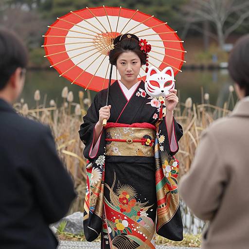 Japanese Woman in Traditional Kimono with Umbrella and Fox Mask