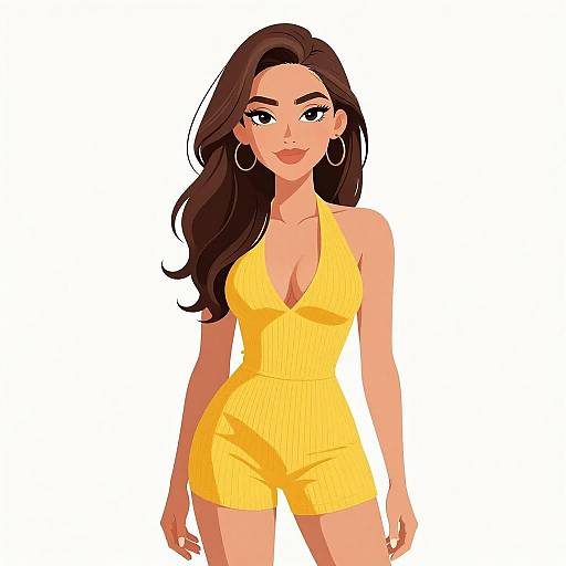Digital illustration of a confident woman with long brown hair, wearing a yellow halter romper, large hoop earrings, and a playful smile, set against