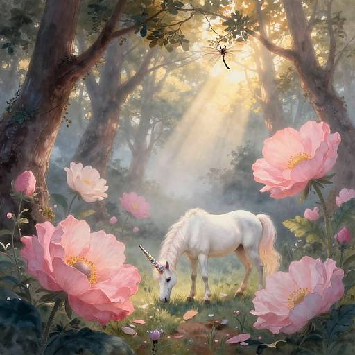 Whimsical Dawn Forest with Unicorn
