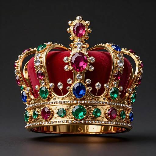 Photograph of an ornate, golden crown with red velvet, adorned with colorful gemstones (ruby, emerald, sapphire), and surrounded by