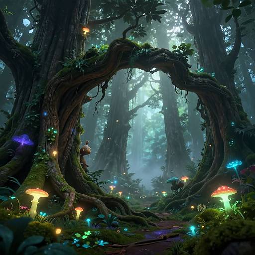 Digital fantasy forest scene: twisted, moss-covered tree arch with glowing mushrooms, colorful bioluminescent flowers, and a small, cloaked figure in
