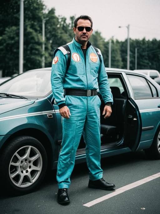 Man in Driver Cosplay Outfit by Car