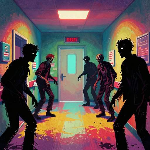 Digital art: Silhouetted, menacing figures in a neon-lit, blood-splattered hallway, approaching a 