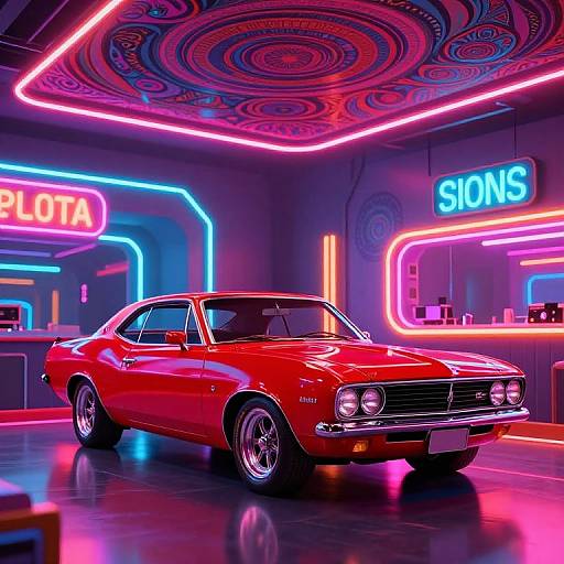 Photograph of a vivid red vintage muscle car in a neon-lit room with 