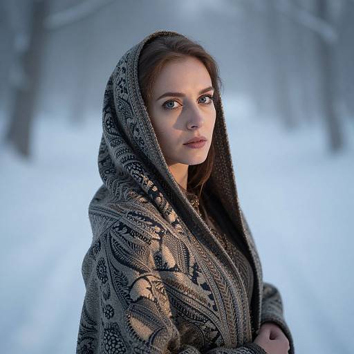 Photograph of a fair-skinned, brown-haired woman in a patterned, gray woolen hooded cloak, standing in a snowy forest with a