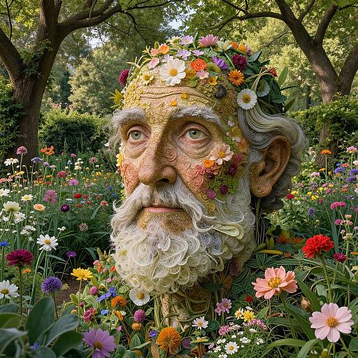 Photograph of an elderly, bearded man with a flower crown amidst a vibrant garden, surrounded by colorful flowers and lush greenery.