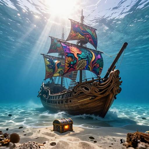 Photorealistic digital art of a sunlit, colorful pirate ship with ornate sails and vibrant patterns, anchored on a sandy seabed with a glowing