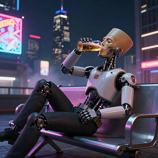 CGI image of a humanoid robot with a white helmet, drinking from a golden cup, sitting on a neon-lit city bench at night.